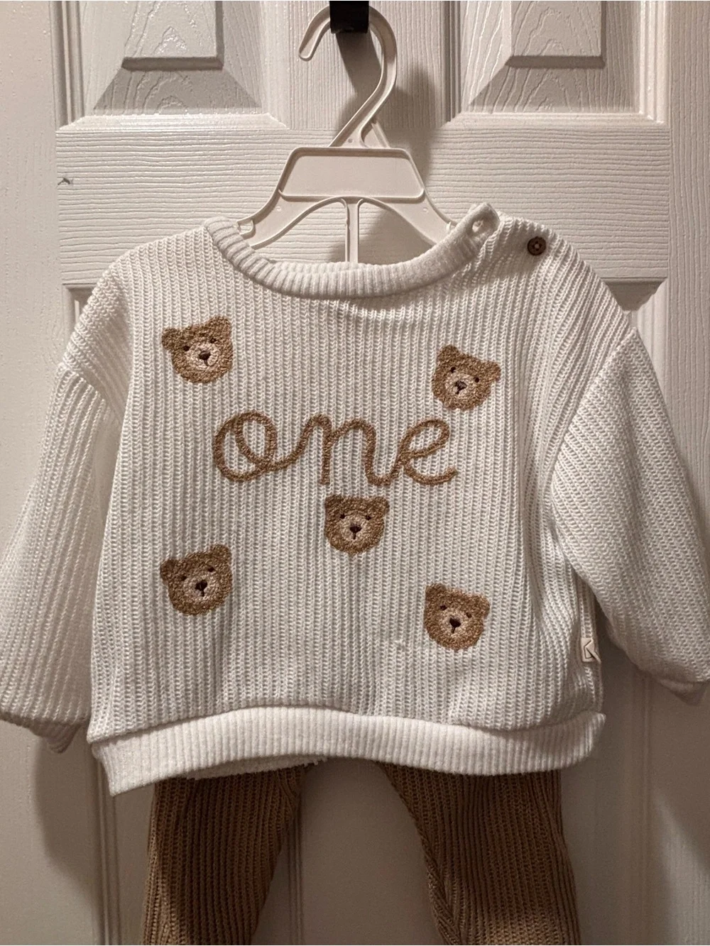 🎉 (18m) Snug Gender Neutral “ONE” Teddy Bear Knit Sweater + Pants Set
